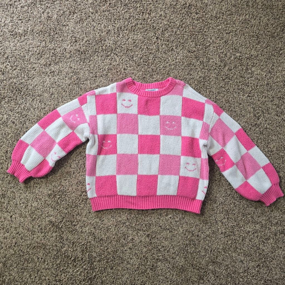 Old Navy Girls Pink White Checkered Smiley Face Sweater Large 10-12
